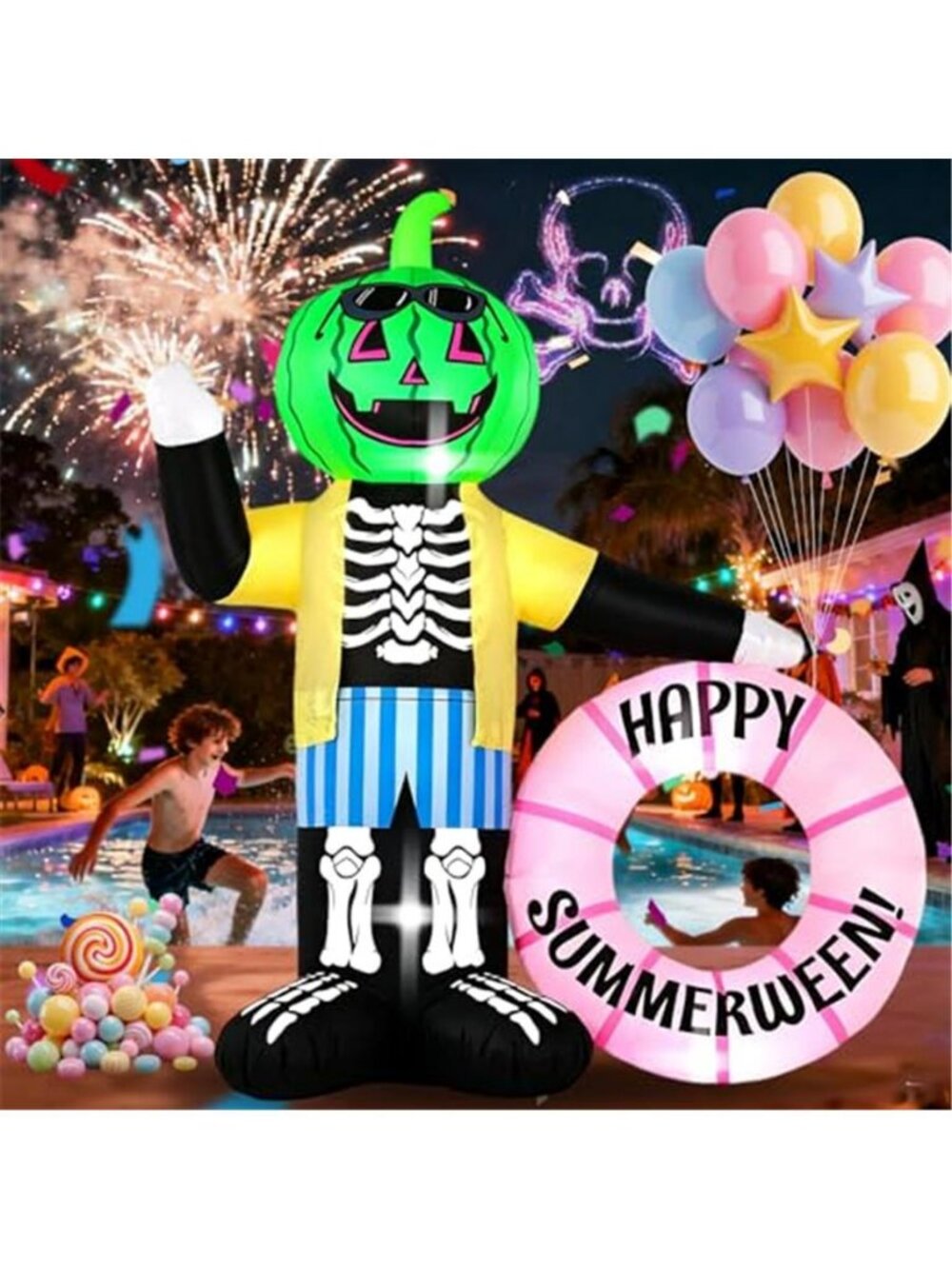 6FT Watermelon Zombie Holding Flower Wreath, Summer Halloween Outdoor
